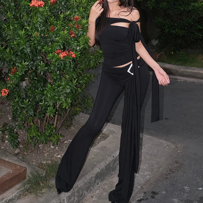 

Комплект из двух предметов для девушек, однотонный черный повседневный модный пикантный Топ с воротником-лодочкой на шнуровке и брюки с поясом, облегающая уличная одежда, лето 2023