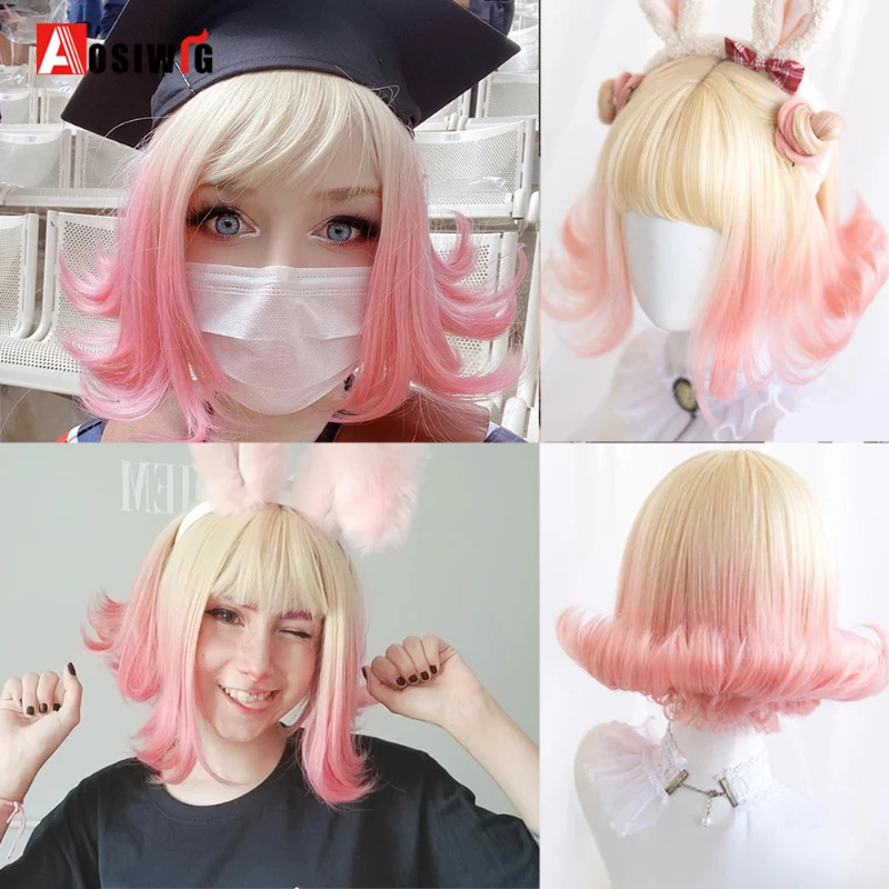 

Aosiwig Synthetic Lolita Wig With Bangs For Women Short Straight Cosplay Anime Curly Natural Hair Costume Bob Blonde Pink Wigs
