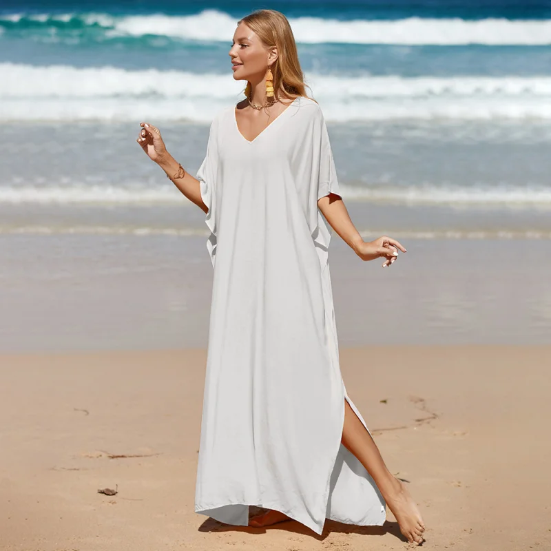 

Solid Color Deep V Neck Sexy Women Beach Swimsuit Cover-Ups Long Loose Cover Up Beach Dress Bikini Cover Up Bohemia Women's Be