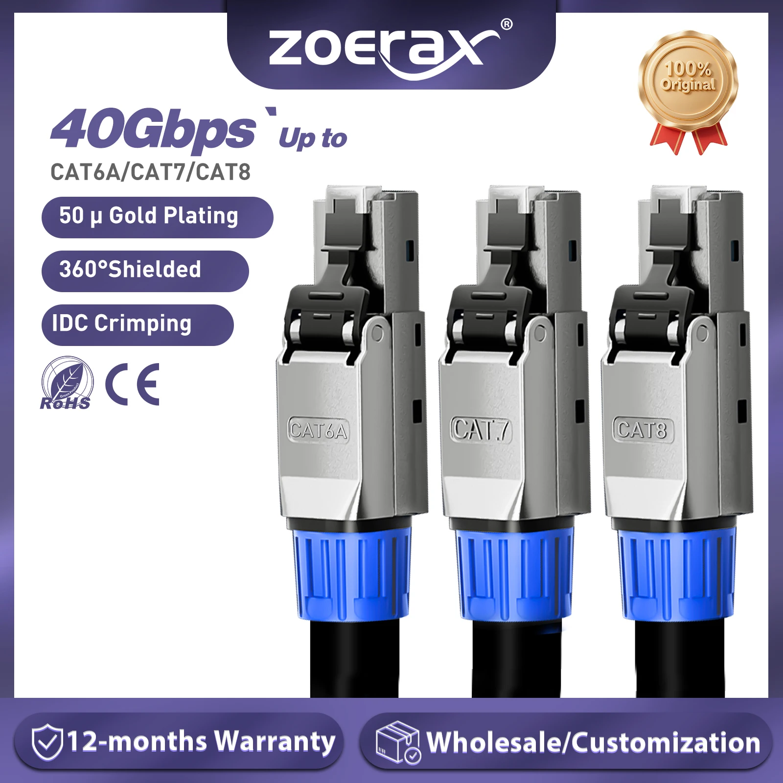 ZoeRax RJ45 CAT8 CAT7 CAT6A connecteur de câble Ethernet sans outil blindé 40/10Gbps prise de câble réseau pour câble Lan STP 22 ~ 24AWG