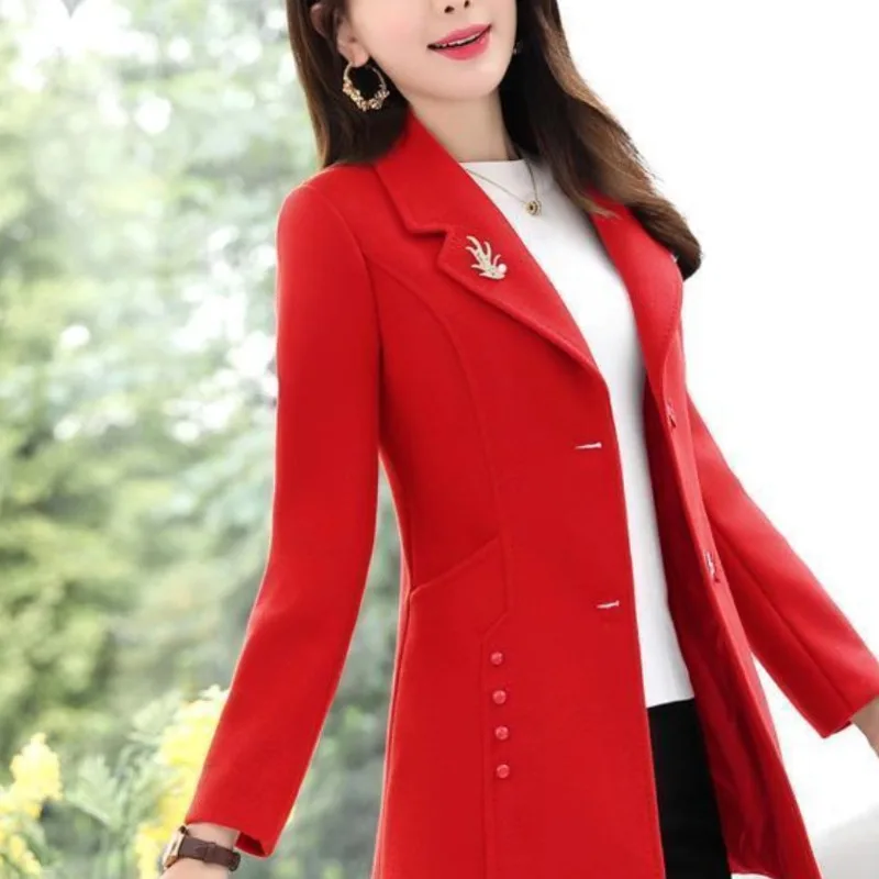 Women's Autumn Winter New Fashion Solid Color Suit Collar Button Pocket Korean Version Versatile Long Sleeved Slim Fit Overcoat