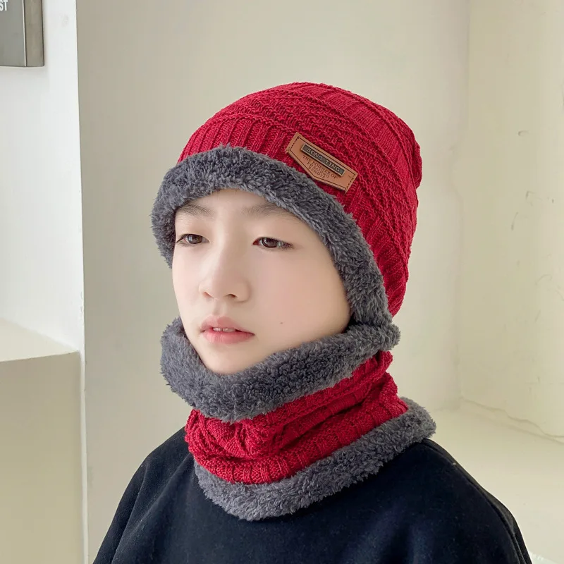 겨울 양모 모자, 한국 버전, 어린이 니트, 남아 두꺼운 따뜻한 모자 스카프 세트, 패션 멋진 어린이 모자, 멀티 컬러 스포츠 모자