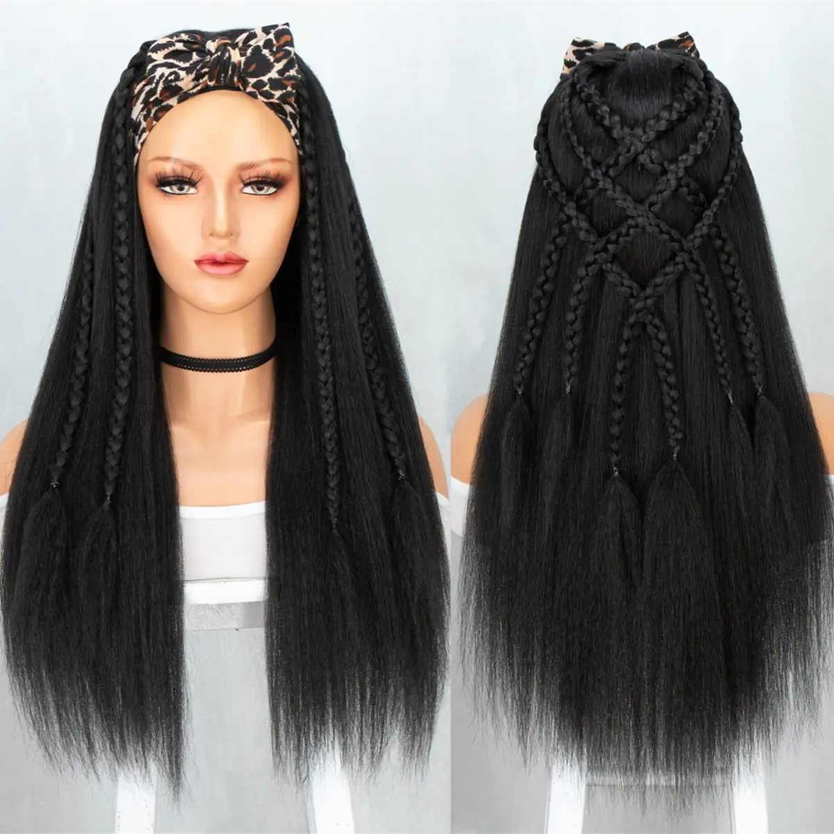 

Yaki Straight Headband Wigs For Women Glueless Natural Black Kinky Straight Headbands Synthetic Wigs For Daily Party Afro Wig