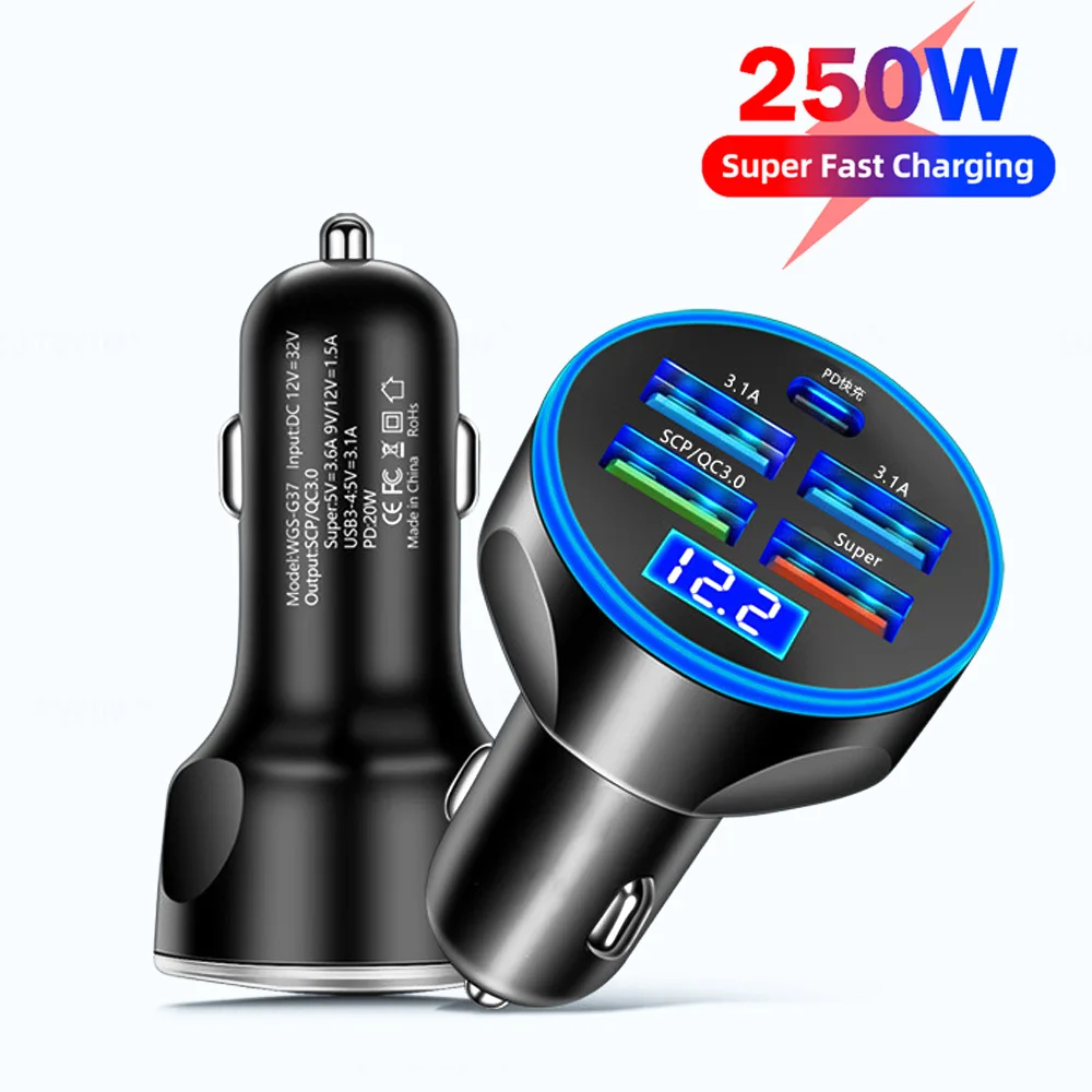 5 Port USB Car Charger PD Type C 250W Super Fast Charger Led Digital Display Charger For Audi Golf For Passat Bmw Car supplies