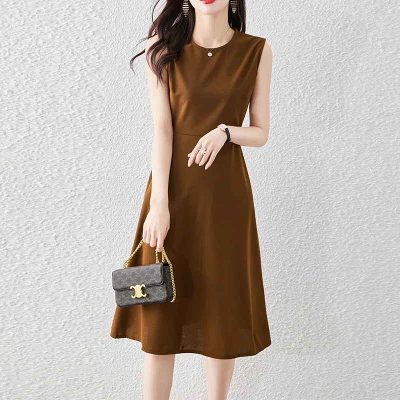 

Summer Casual Fashion Round Neck Tank Dress Ladies Sleeveless Solid Color Waist Midi Robe Women Elegant Bottomed Vestidos L59