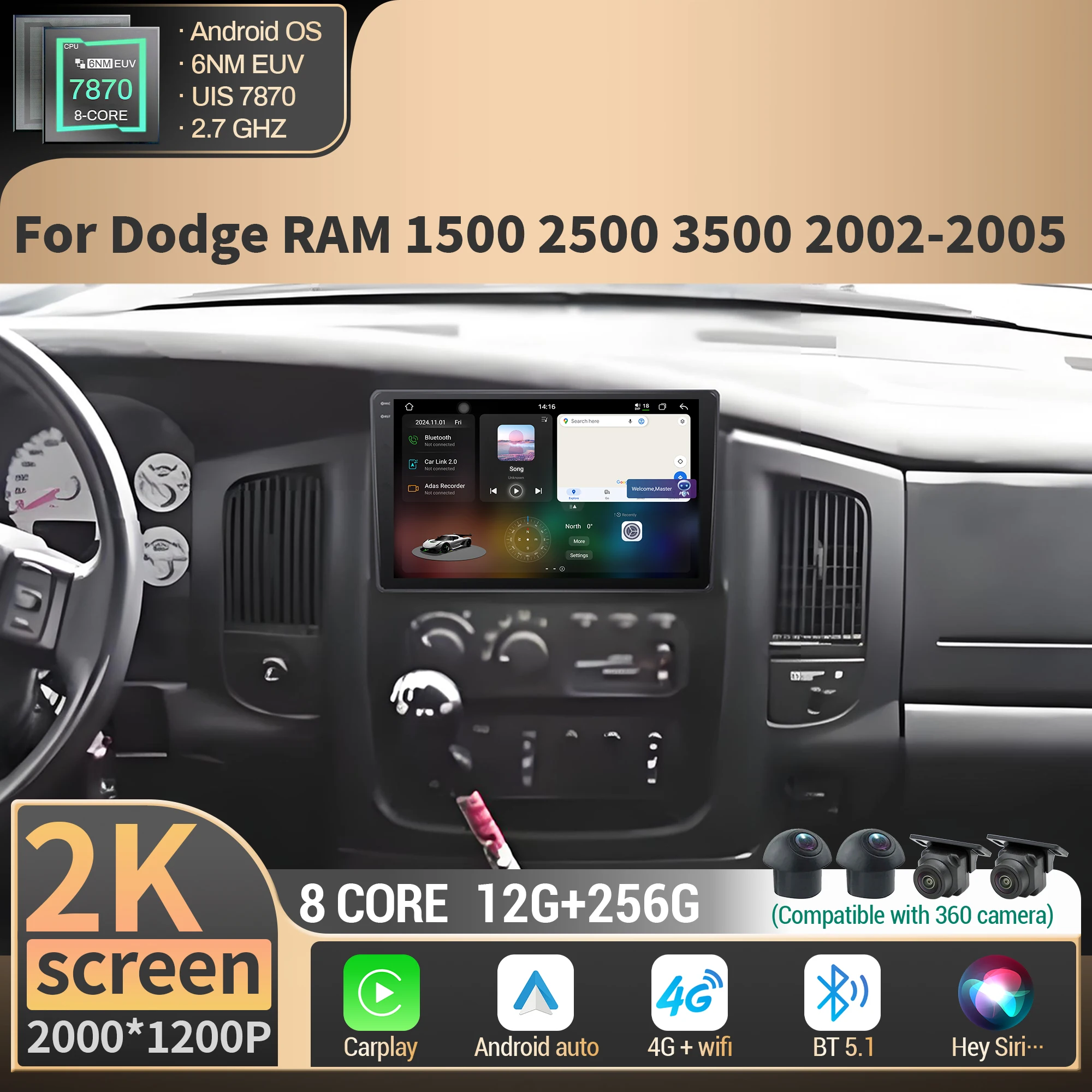 Android 14 Car Stereo For Dodge Ram 2002-2005 - 9" Touchscreen With Wireless CarPlay & Android Auto