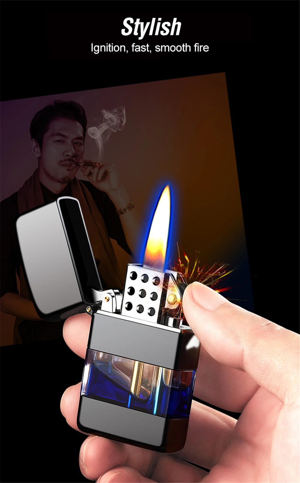 Briquet à Essence Vintage En Cuivre – Réservoir Transparent Quartz Visible – Cadeau Homme