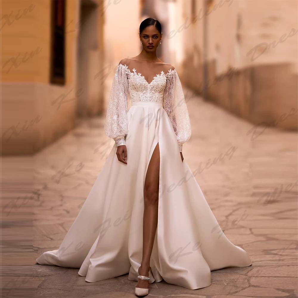 

Роскошные свадебные платья с юбкой-годе, красивые свадебные платья с открытыми плечами и длинным рукавом, с высоким разрезом, индивидуальный пошив