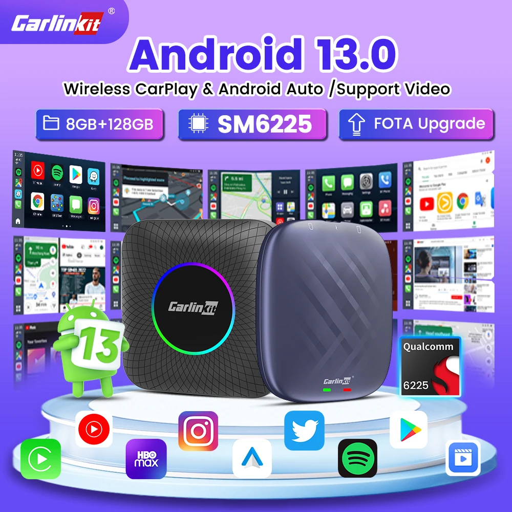 Carlinkit-Boîtier TV LED Android 13 pour Voiture, Adaptateur Sans Fil SM6225 8 Core pour Iptv, Netfilx Play, Vidéo