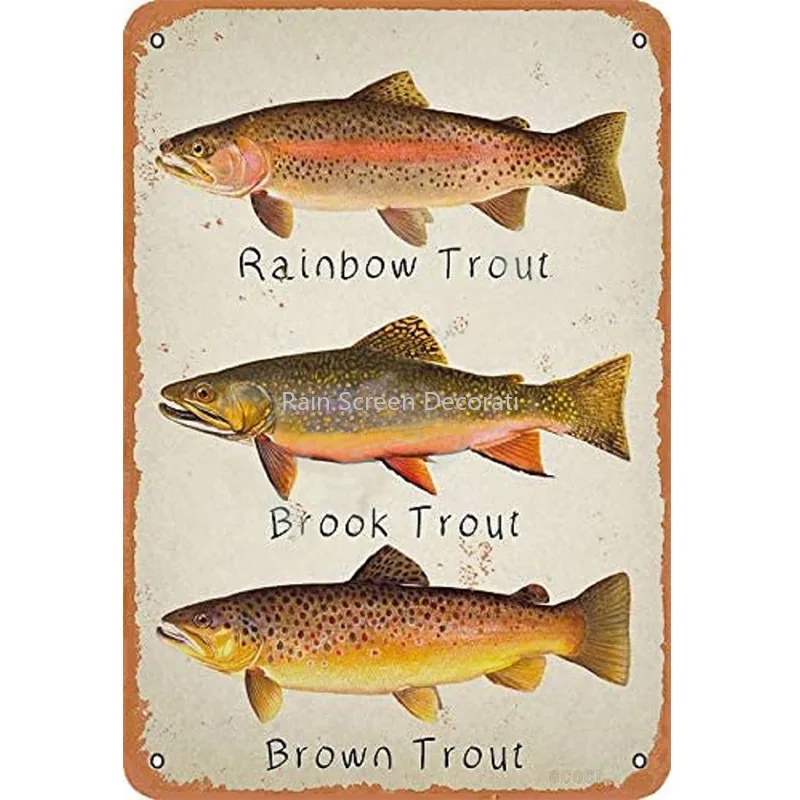 

Rainbow Trout Brook Trout Brown Trout Retro Metal Decor Wall Plaque Vintage Tin Sign for House Cafe Club Home Or Bar room decor