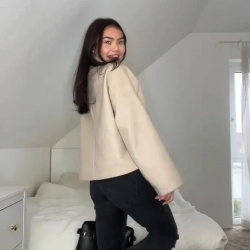 2025 frauen Neue Solide Stehen Neck Mantel Chic Zweireiher Tasche Lose Fit Mantel Weibliche Herbst Winter Casual Straße Tragen – Detail 8