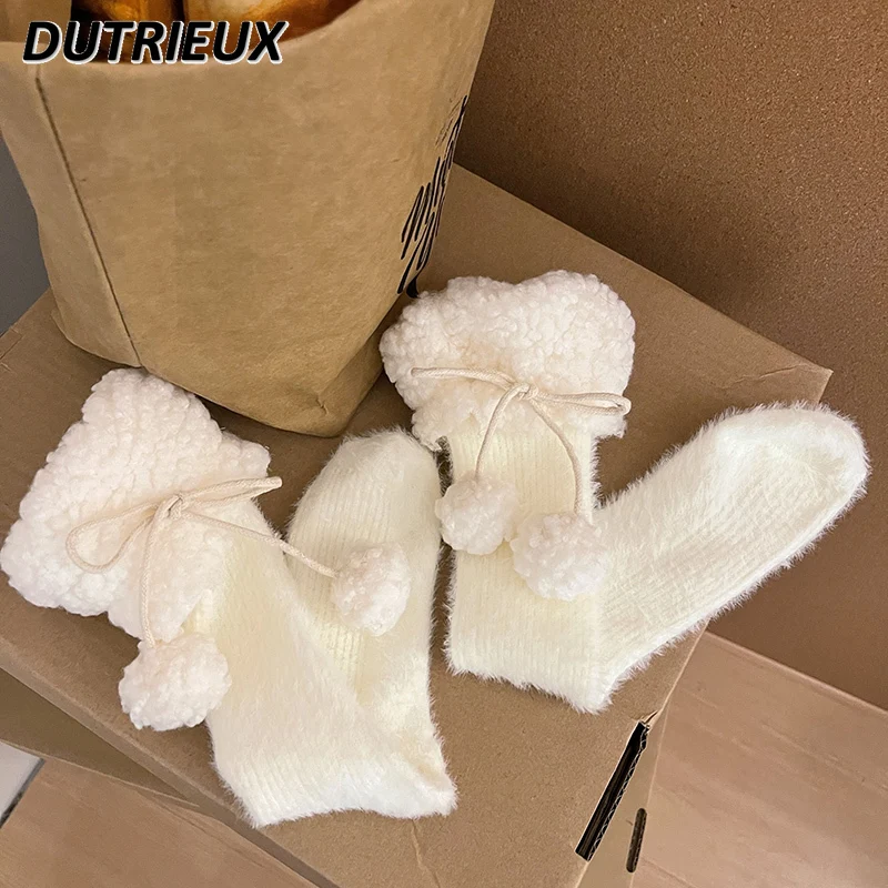 Winter New Soft Glutinous Lamb Wool Sweet Stocking Lace Ball Rex Rabbit Fur Warm Girl Student Mid-Calf Length Loose Socks