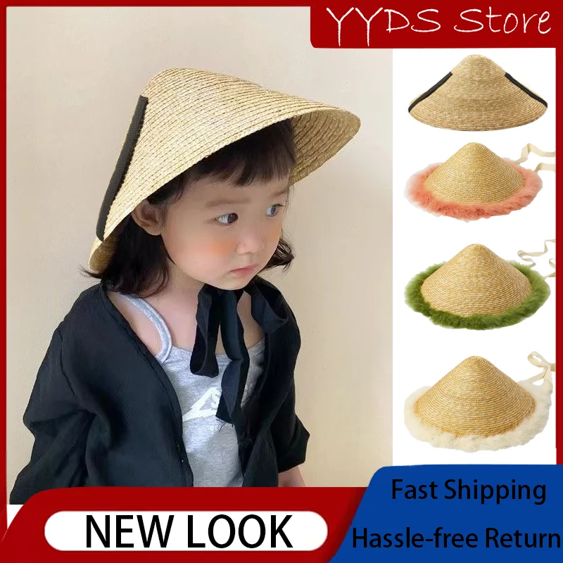 Parent-child Wheat Straw Straw Bucket Hat Children's Tapered Strap Catwalk Big Brim Shade Straw Hat Fashion Catwalk  Accessories