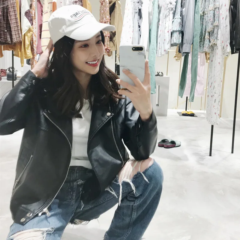 PU Moto Biker Jacket Women Loose Fit Faux Leather Coat