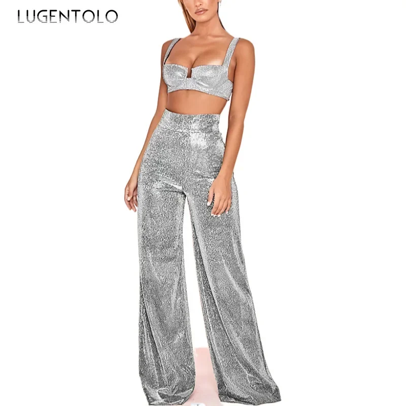 Women High Waist Pants Solid Hot Silver New Fashion Spring Summer Lady Elegant Comfortable Casual Wide-leg Long Clothing