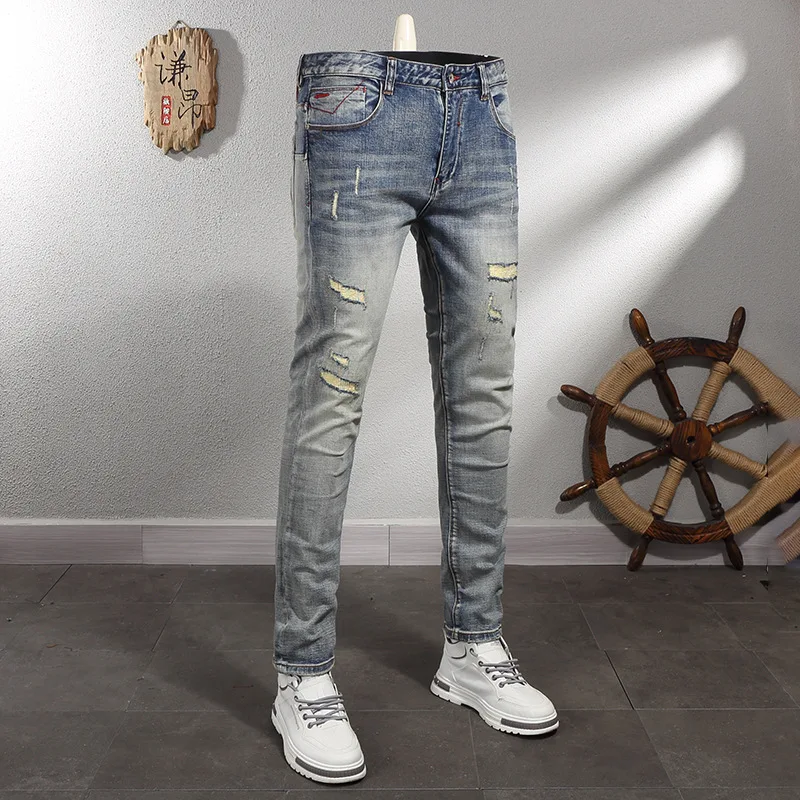 Retro Make Old Ripped Jeans Men's Motorcycle Street Trousers Trendy Casual Slim Fit Skinny Pants Nostalgic Men's Clothing retro womens jeans y2k streetwear skinny denim trousers 2023 fashion high waist pencil pants hip hop make old washed jeans