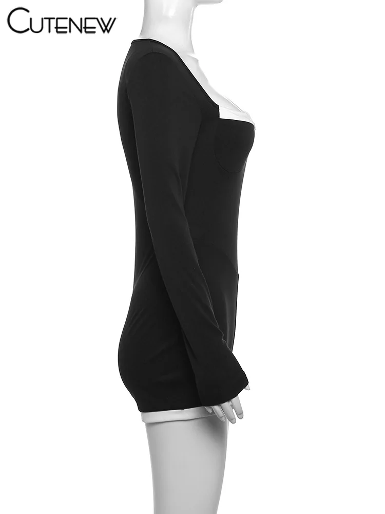 Women Hollow Out Playsuits Long Sleeve Square-Collar Patchwork One-piece Shorts Rompers Casual Sexy Streetwear Outfit