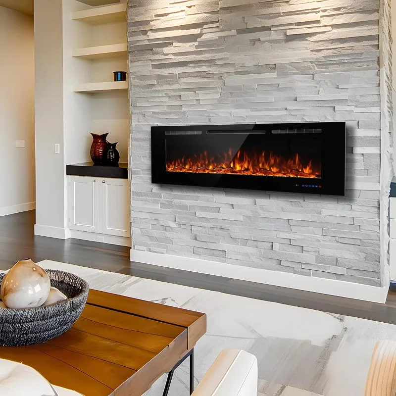Electric Fireplace 60inches,Wall-Mounted Recessed Fireplace Inserts,Multicolor Flame w/5 Dimmer,Remote Control Thermostat,Timer