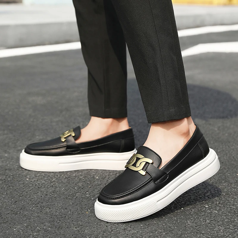 Original Black Men's Leather Loafers Fashion Platform Slip-on Casual Shoes Women Trendy Comfy Breathable Designer Moccasins Man