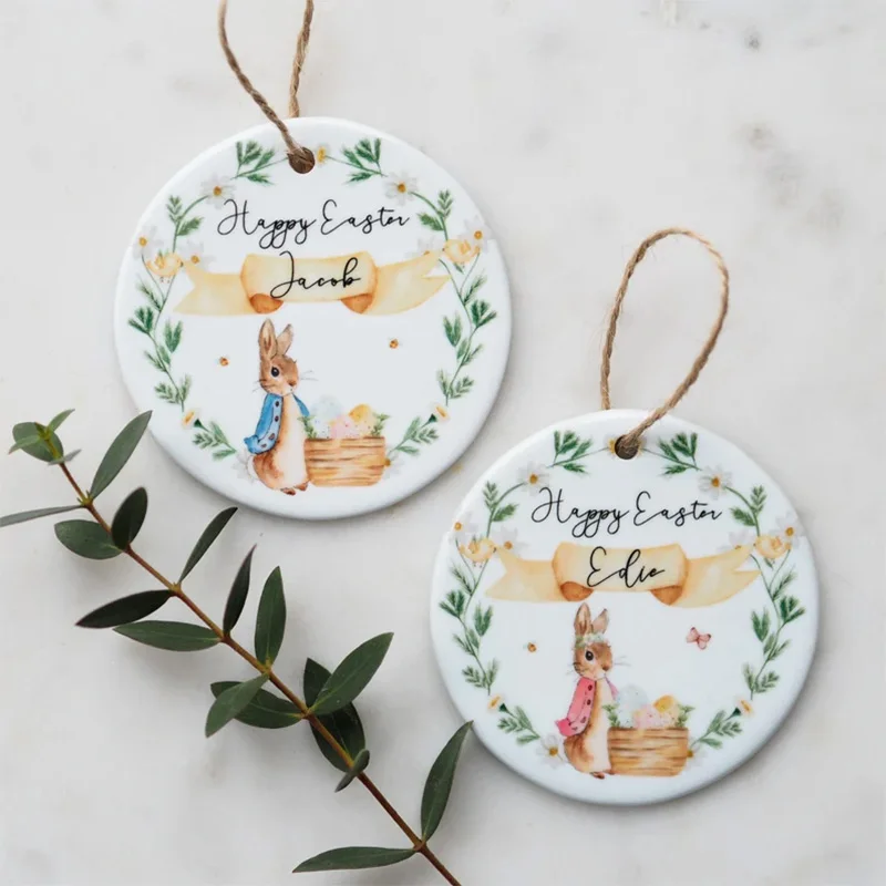 Nome Personalizzato Bunny Rabbit Happy Easter Ornament Baby Boy Girl First 1St Easter Egg Hunt Basket Decoration Sign Gift Bag Tag