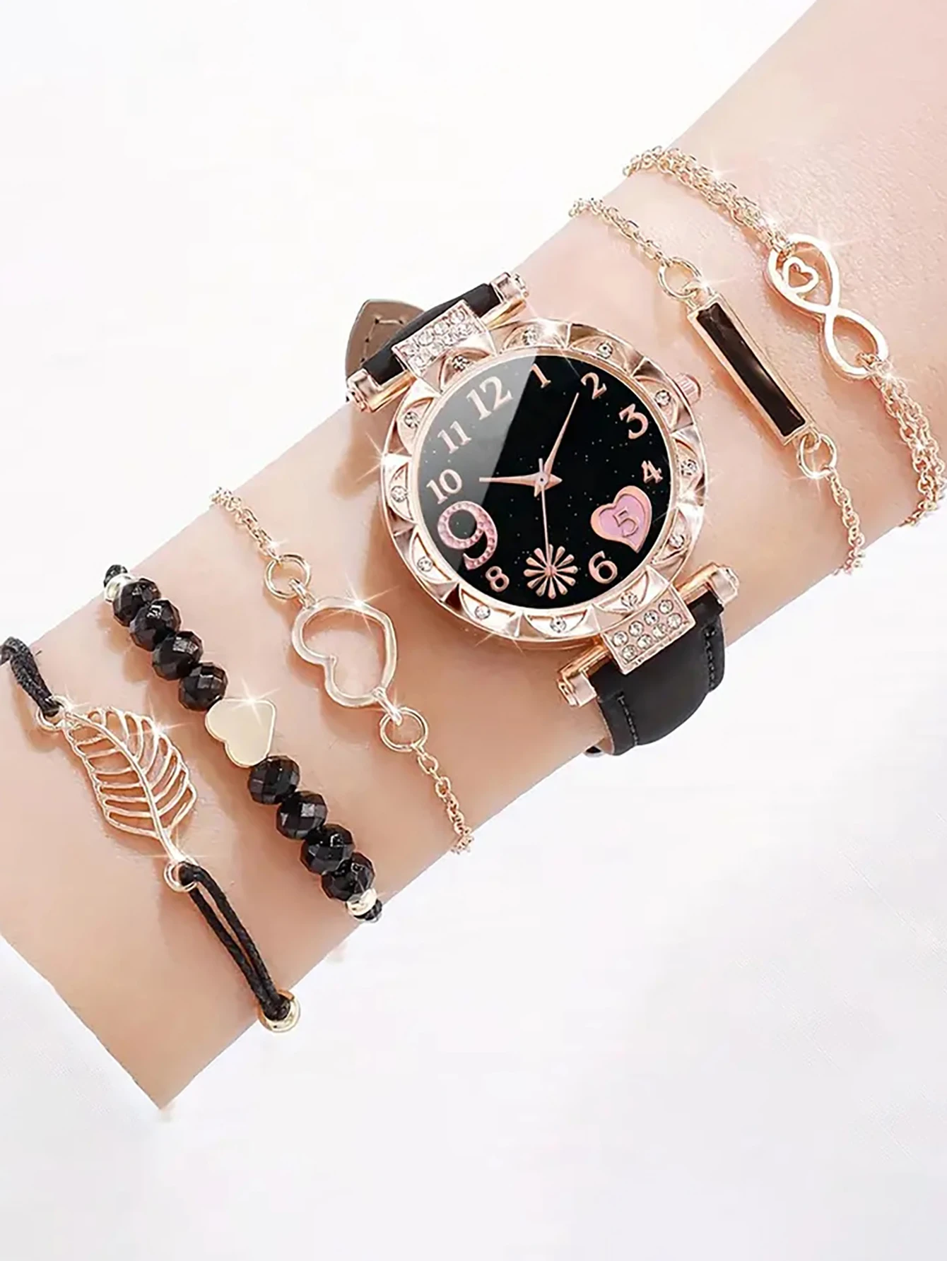 6PCS Women's Fashion Quartz Watch Luxury Pink Leather Band Analog WristWatch Ladies Watch Women Dress Bracelet Set Clock