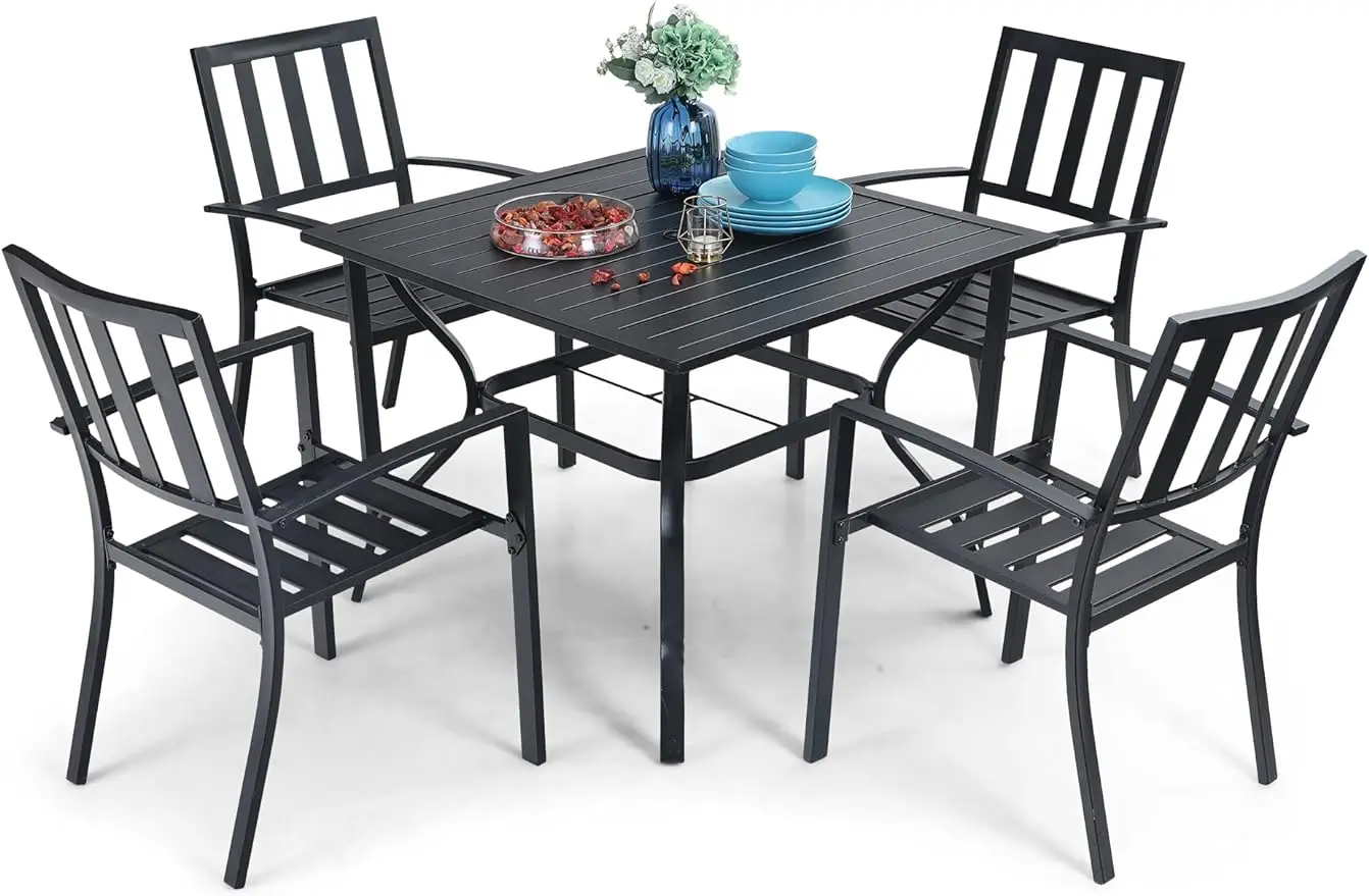 

5 Piece Outdoor Dining Table Set for 4, 37” Square Metal Dining Table with Umbrella Hole & Stackable Steel Chairs for Patio
