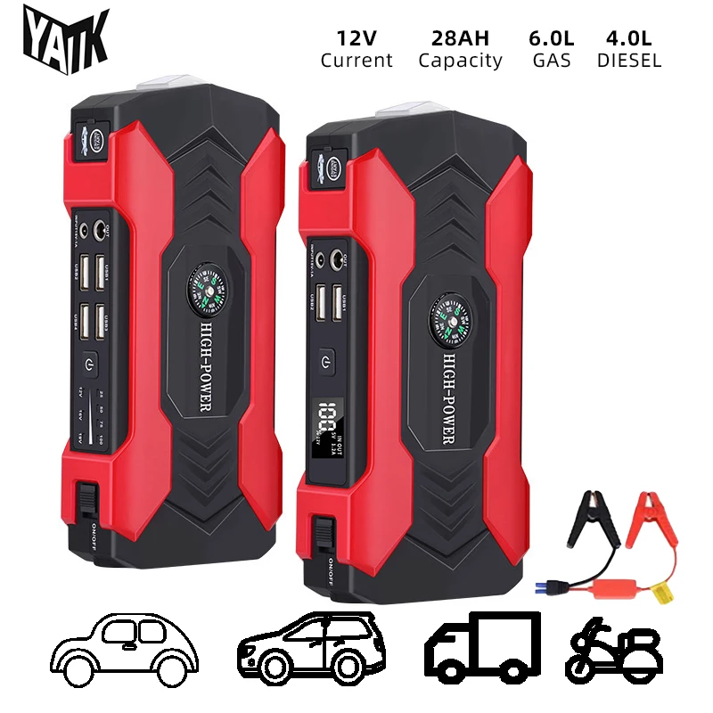 

28Ah 12V Car Jump Starter Emergency Starting Power Supply Car Truck 4.0L/6.0L Auto Booster Starting Device Rechargeable Battery