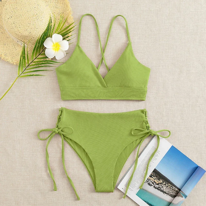 

Sexy solid color bikini V-neck split swimsuit women's high waist tight cross strap backless thong with chest pad swimsuit