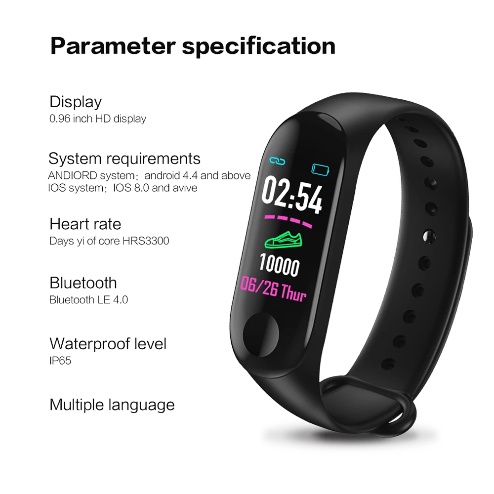 M3 Plus Smart Sports Watch Silicone Waterproof Bracelet Heart Rate Blood Pressure Monitor Fitness Tracker Smart Watch 6