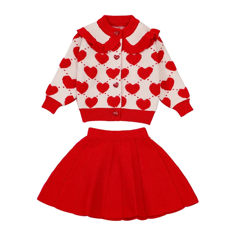 

Autumn Winter Kids Girls Sweaters Knitted Cardigan Jackets Skirt 2Pcs Suits Baby Girls Clothes Sets Outfits Children Clothing