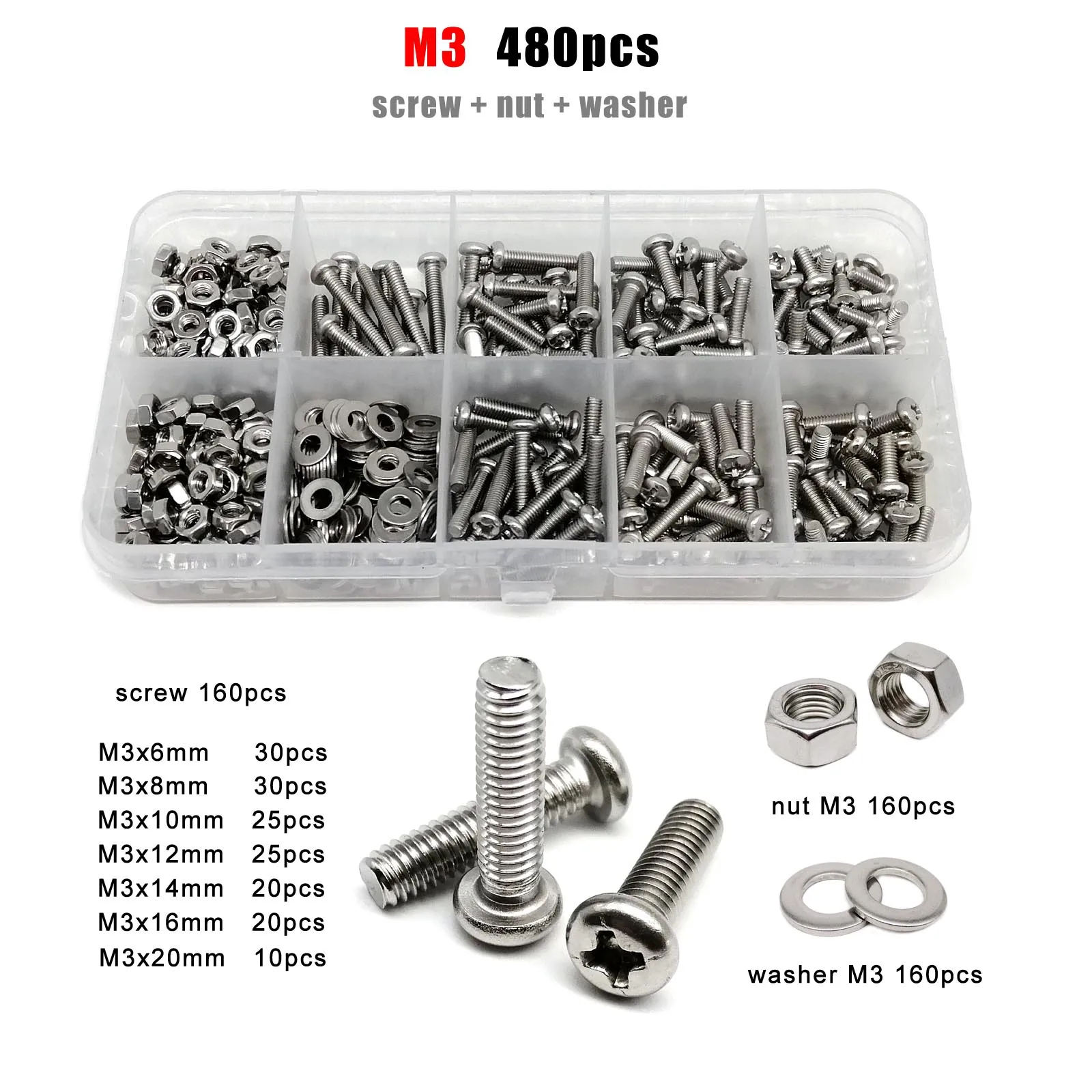 195-Piece Stainless Steel Screw Assortment Kit - M2 M2.5 M3 M4 M5 M6 Phillips Pan Head Screws With Washers
