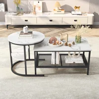 Anajqaqia Ensemble de 2 tables basses gigognes, ensemble de tables d'appoint séparables 2 en 1 pour salon, avec étagère de rangement en maille, structure en métal noir pour salon 2