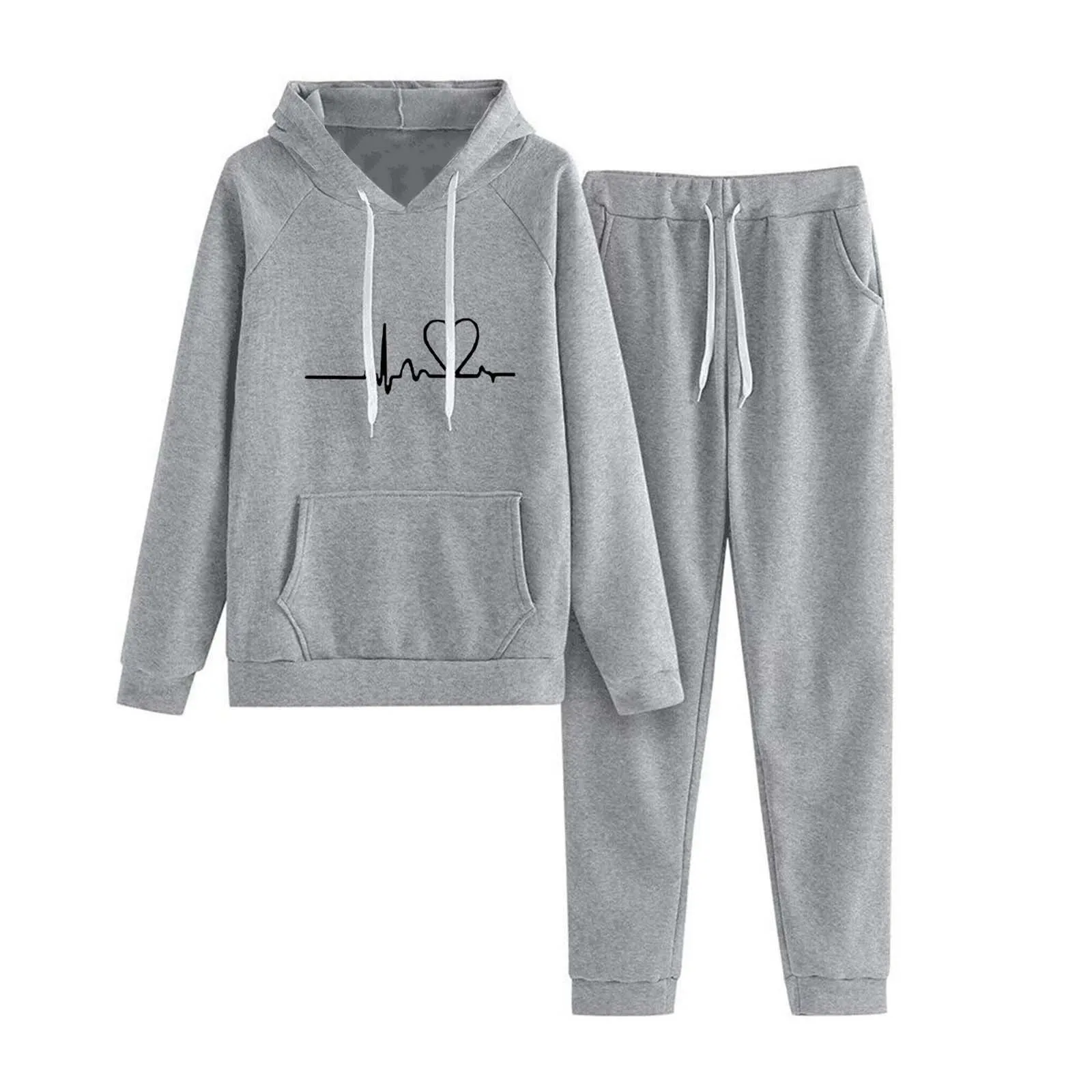 Women 2 Piece Tracksuits Hip Hop Heartbeat Printed Hooded Sweatshirt Drawstring Sweatpant Spring Autumn Sports Jogger Hoodie Set