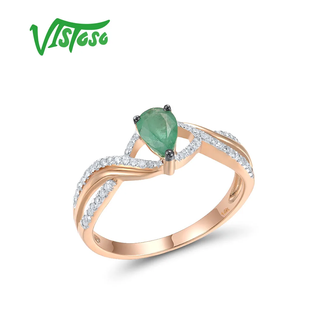 

VISTOSO Genuine 14K 585 Rose Gold Rings For Women Sparkling Pear Emerald Diamond Solitaire Rings Dainty Trendy Fine Jewelry