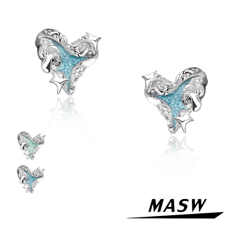 MASW Original Design Cool Trend Jewelry High Quality Copper Blue Green Heart Stud With Star Earrings For Women Girl Gift 2023