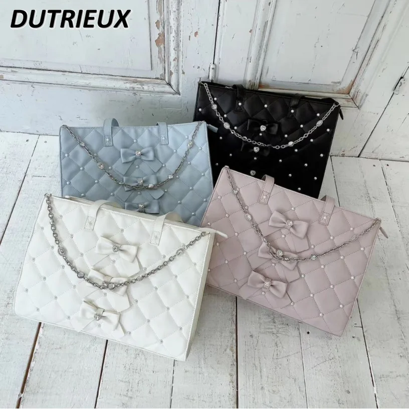 

Customized Japanese Sweet Lady Commuter Rhinestone Bag Chain Shoulder Bow Decorative Handbag Ladies Makeup Bags for Women