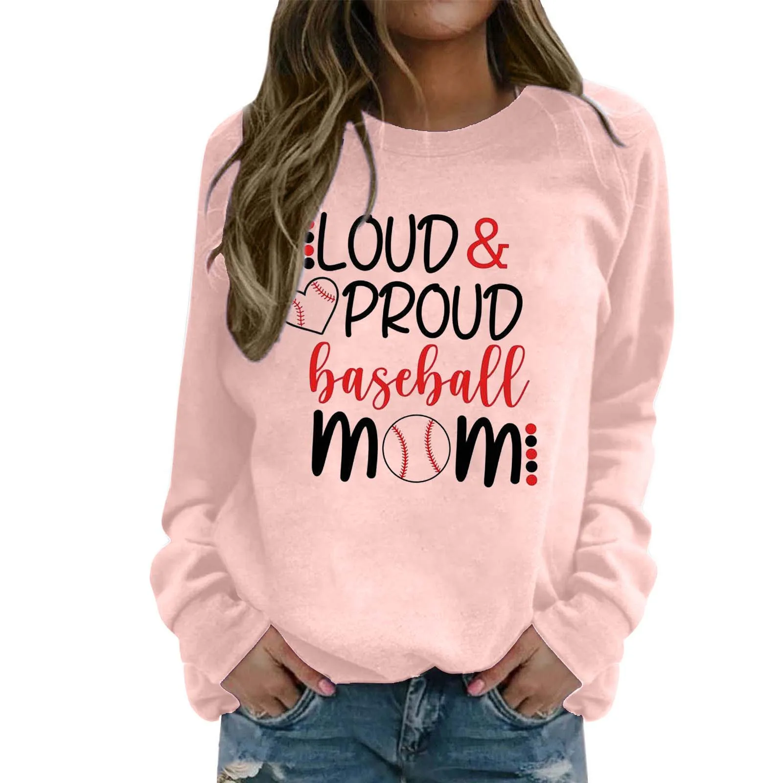 

Fleece Lined Sweater Women's Crewneck Long Sleeved Baseball English Print Loose Fitting Hoodie Fleece Sweatshirts for Women