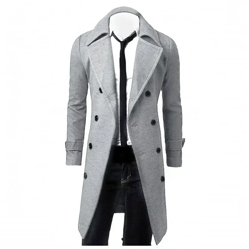 Men Double Breasted Trench Coat Autumn Winter Wool Blend Fashion Casual Slim Fit Solid Color Male Coat Jacket wool overcoat