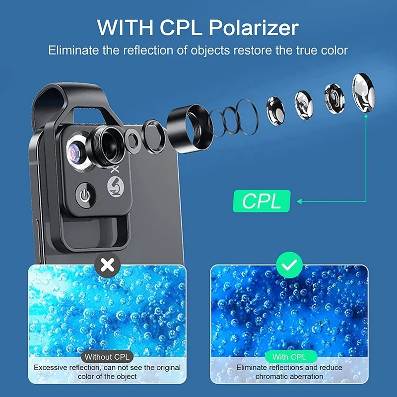 200X Phone Microscope With CPL Lens/LED Light/Clip for Hair Skin Observation Jewelry Jade Appraisal Electronic Industry Testing