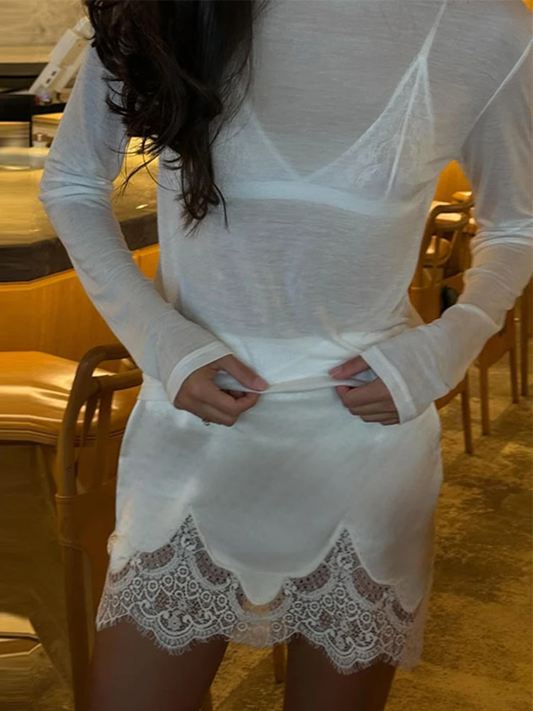 Minigonna da donna elegante in raso di pizzo impiombato a vita alta gonne corte a trapezio femminile 2025 estate autunno signora streetwear 3