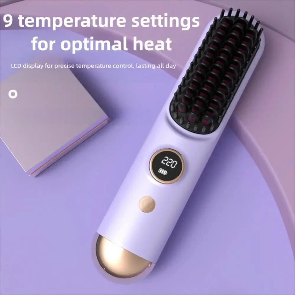 Portable Wireless Hair Straightener 120-220C° 9 Temp Settings Straight Hair Comb Rechargeable LCD Display Straightening Comb