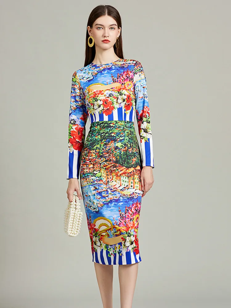 

Runway Fashion Stripes Landscape Painting Slim Bodycon Dress for Women Spring Fall O-neck Long Sleeve Slim Casual Dress