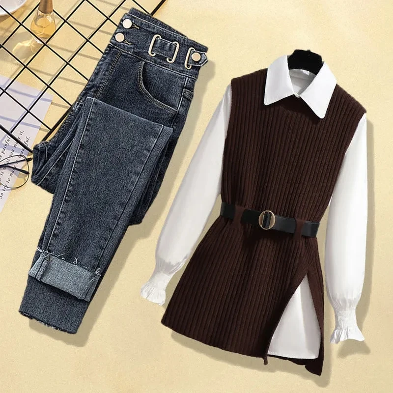 Large Autumn and Winter Suit for Women 2024 New Korean Fashion Knitted Vest Shirt Casual Slim Jeans Three Piece Set 5