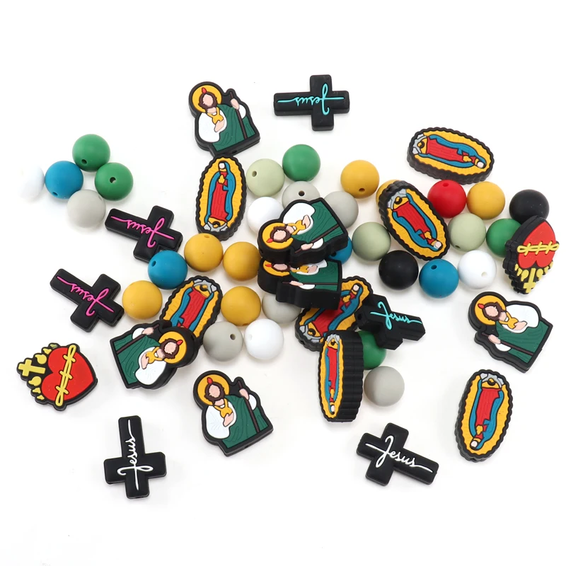 126PCS Silicone Cross Focal Beads Jesus Silicone Round Bead 15mm Cross For DIY Keychain Jewelry Making Necklace Lanyards Craft