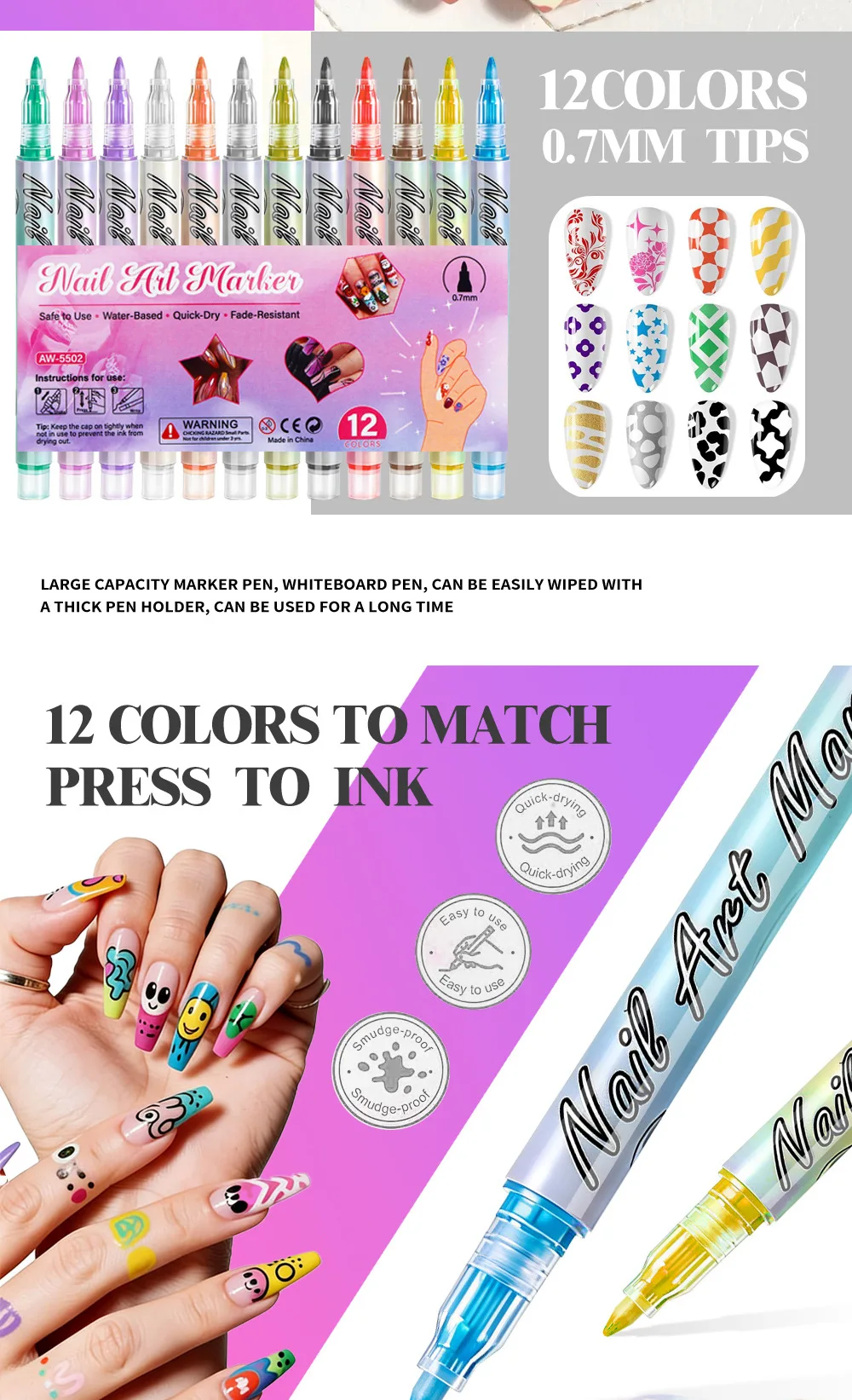 12Pcs/Set Colourful Waterproof Nail Art Graffiti Pen DIY 3D Nail Art Drawing Pen Abstract Line Manicure Tool Painting Liner