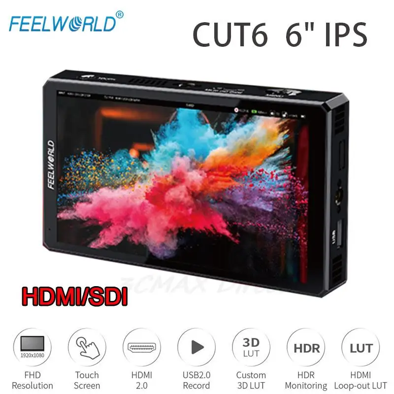 Feelworld CUT6 CUT6S 3G-SDI 6-inch Touch Screen On-camera Monitor Recorer 1920*1080 FHD IPS 4K HDR Monitoring for Brodcast