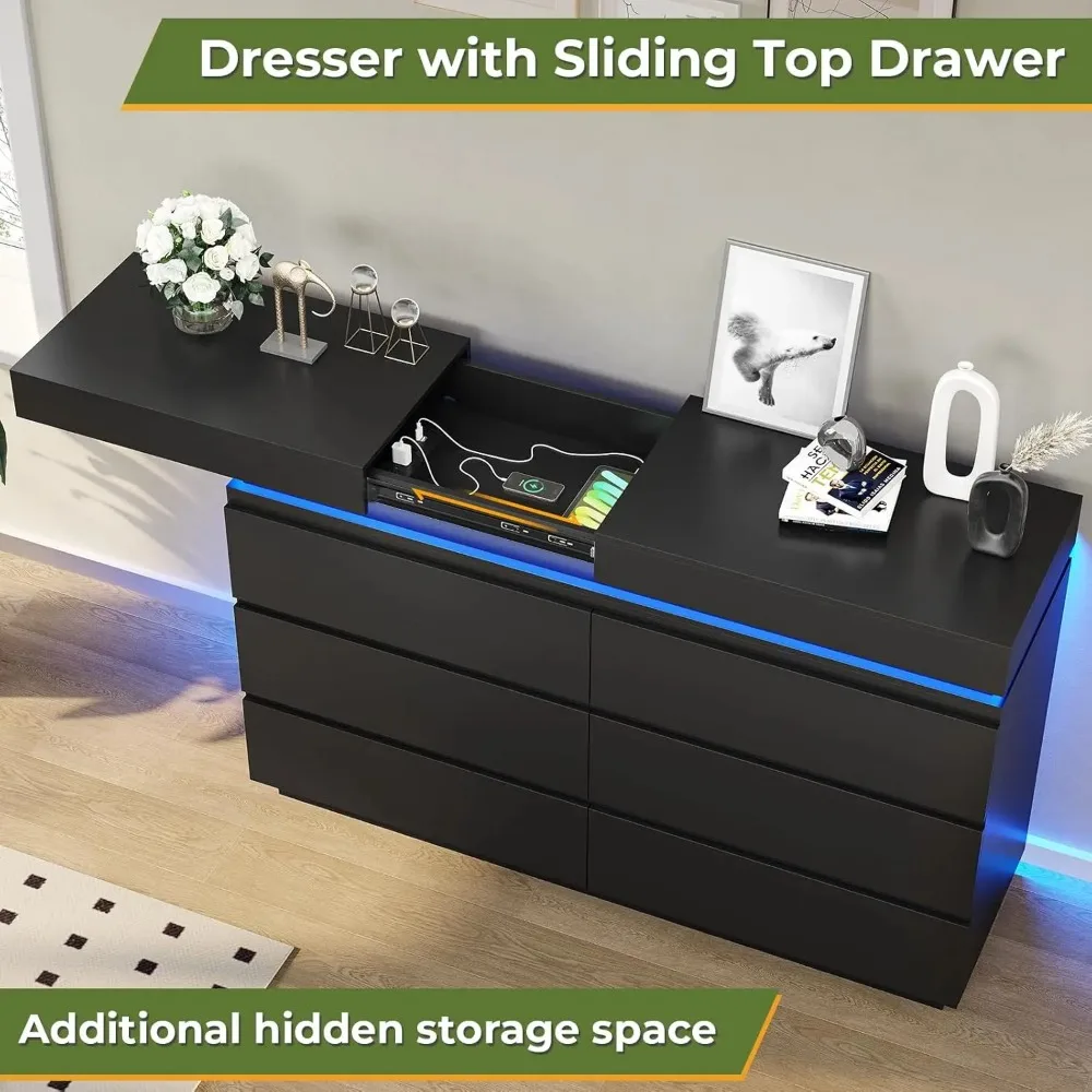 Modern 6 Drawer Dresser with Sliding Desktop, Wide Chest of Drawers with Charging Station & LED Lights 3