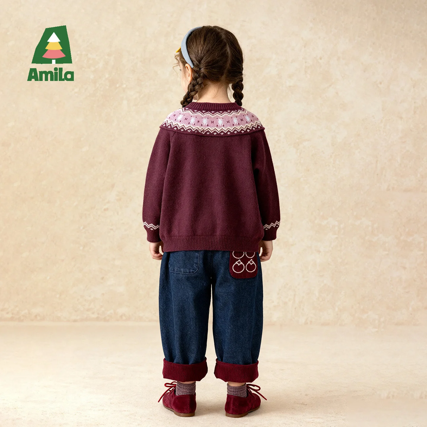 아밀라 키즈 2025 겨울 여아 노르딕 스타일 니트 가디건 레트로 기하학 패턴 자카드 두꺼운 따뜻한 피부 친화적