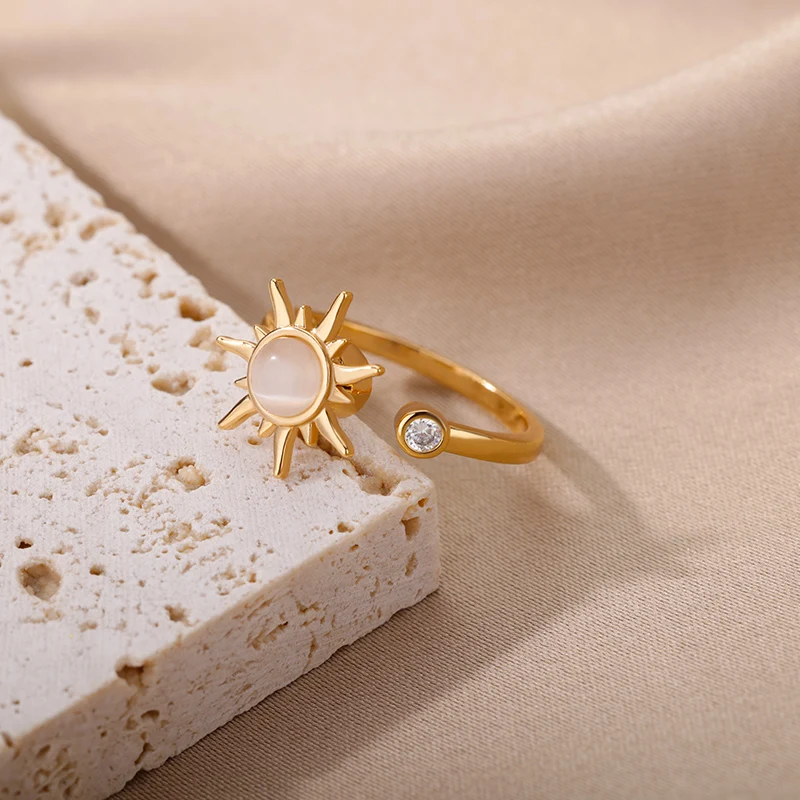 Rotating Sun Opal Ring Stainless Steel Retro Charm Adjustable Open Rings