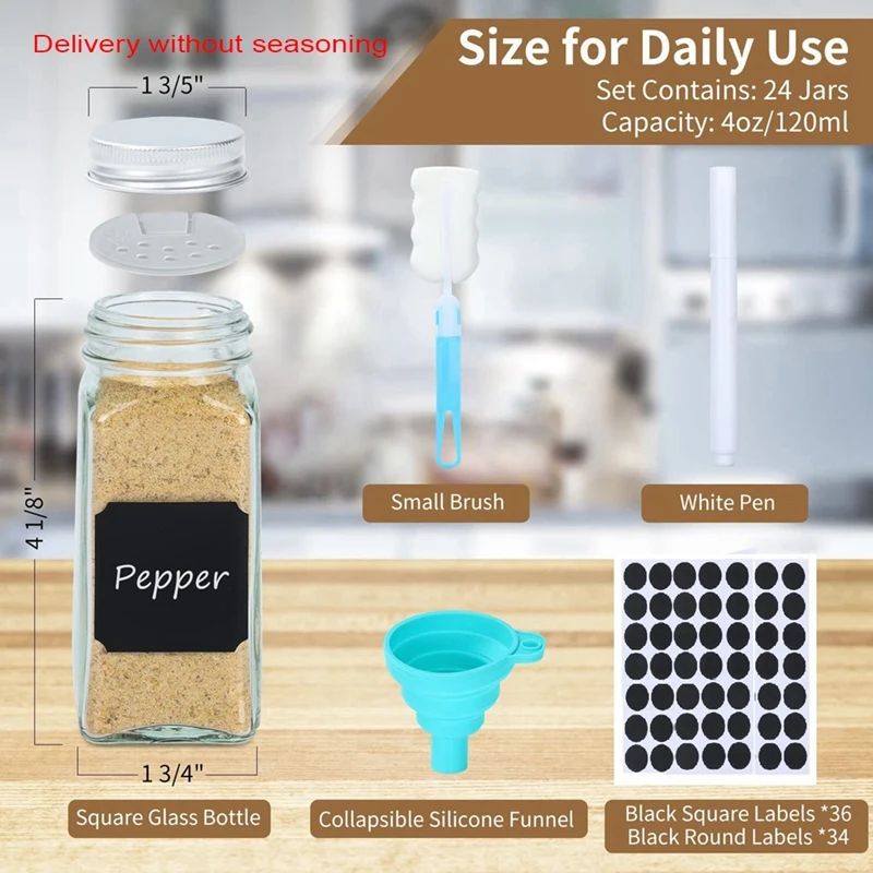 Spice Jars With Label, 24 Pcs Glass Spice Jars 4Oz Seasoning Organizer, Empty Square Containers Bottles